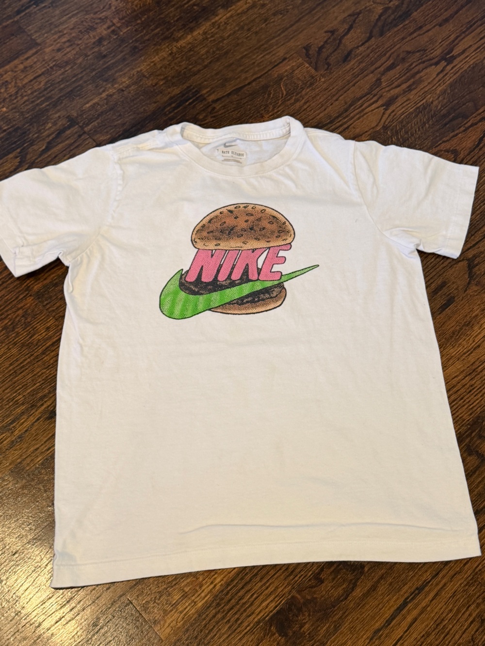Nike Burger Graphic Tee White Graphic with Pink Logo and Green Swoosh